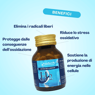 H2, benefici: elimina i radicali liberi, riduce lo stress ossidativo, protegge dalle conseguenze dell’ossidazione e sostiene la produzione di energia nelle cellule