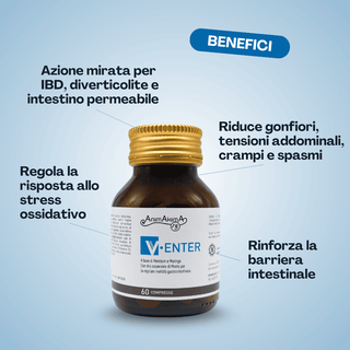 V-Enter, benefici: azione mirata per IBD, diverticolite e intestino permeabile, riduce gonfiori, tensioni addominali, crampi e spasmi, regola la risposta allo stress ossidativo e rinforza la barriera intestinale