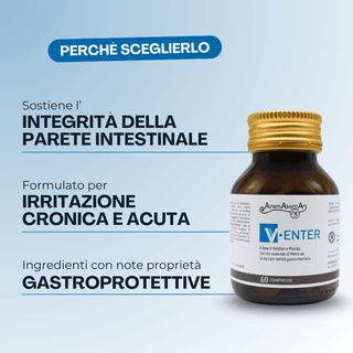 V-Enter, perché sceglierlo: sostiene l’integrità della parete intestinale, formulato per irritazione cronica e acuta, ingredienti con note proprietà gastroprotettive