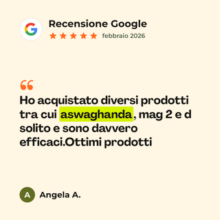 Recensione Google a 5 stelle di Angela A. su Ashwagandha Superior: «Ho acquistato diversi prodotti tra cui aswaghanda, mag 2 e d solito e sono davvero efficaci.Ottimi prodotti»