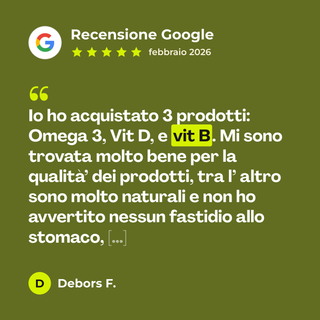 Recensione Google a 5 stelle di Debors F. su B-on: «Io ho acquistato 3 prodotti: Omega 3, Vit D, e vit B. Mi sono trovata molto bene per la qualità’ dei prodotti, tra l’ altro sono molto naturali e non ho avvertito nessun fastidio allo stomaco, […]»