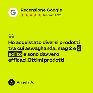 Recensione Google a 5 stelle di Angela A. su D-Solvit: «Ho acquistato diversi prodotti tra cui aswaghanda, mag 2 e d solito e sono davvero efficaci.Ottimi prodotti»