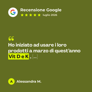 Recensione Google a 5 stelle di Alessandra M. su DiKey: «Ho iniziato ad usare i loro prodotti a marzo di quest’anno Vit D e K , […]»