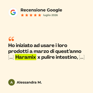 Recensione Google a 5 stelle di Alessandra M. su Haramix: «Ho iniziato ad usare i loro prodotti a marzo di quest’anno […] Haramix x pulire intestino, […]»