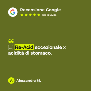 Recensione Google a 5 stelle di Alessandra M. su Re-Acid: «[…] Re-Acid eccezionale x acidità di stomaco.»