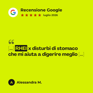 Recensione Google a 5 stelle di Alessandra M. su Rhei: «[…] RHEI x disturbi di stomaco che mi aiuta a digerire meglio […]»