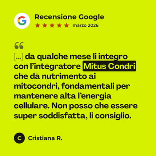 Recensione Google a 5 stelle di Cristiana R. su MITUS CONDRI - Rimedio 1: «[…] da qualche mese li integro con l’integratore Mitus Condri che dà nutrimento ai mitocondri, fondamentali per mantenere alta l’energia cellulare. Non posso che essere super soddisfatta, li consiglio.»