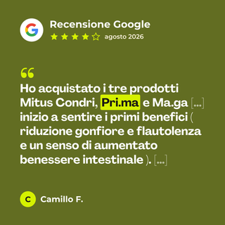 Recensione Google a 4 stelle di Camillo F. su PRIMA - Rimedio 3: «Ho acquistato i tre prodotti Mitus Condri, Pri.ma e Ma.ga […] inizio a sentire i primi benefici ( riduzione gonfiore e flautolenza e un senso di aumentato benessere intestinale ). […]»