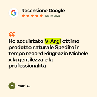 Recensione Google a 5 stelle di Mari C. su V-Argi: «Ho acquistato V-Argi ottimo prodotto naturale Spedito in tempo record Ringrazio Michele x la gentilezza e la professionalità»