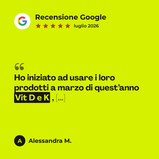 Recensione Google a 5 stelle di Alessandra M. su V-Lipo DK: «Ho iniziato ad usare i loro prodotti a marzo di quest’anno Vit D e K , […]»