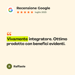 Recensione Google a 5 stelle di Raffaele su Vivamente: «Vivamente integratore. Ottimo prodotto con benefici evidenti.»